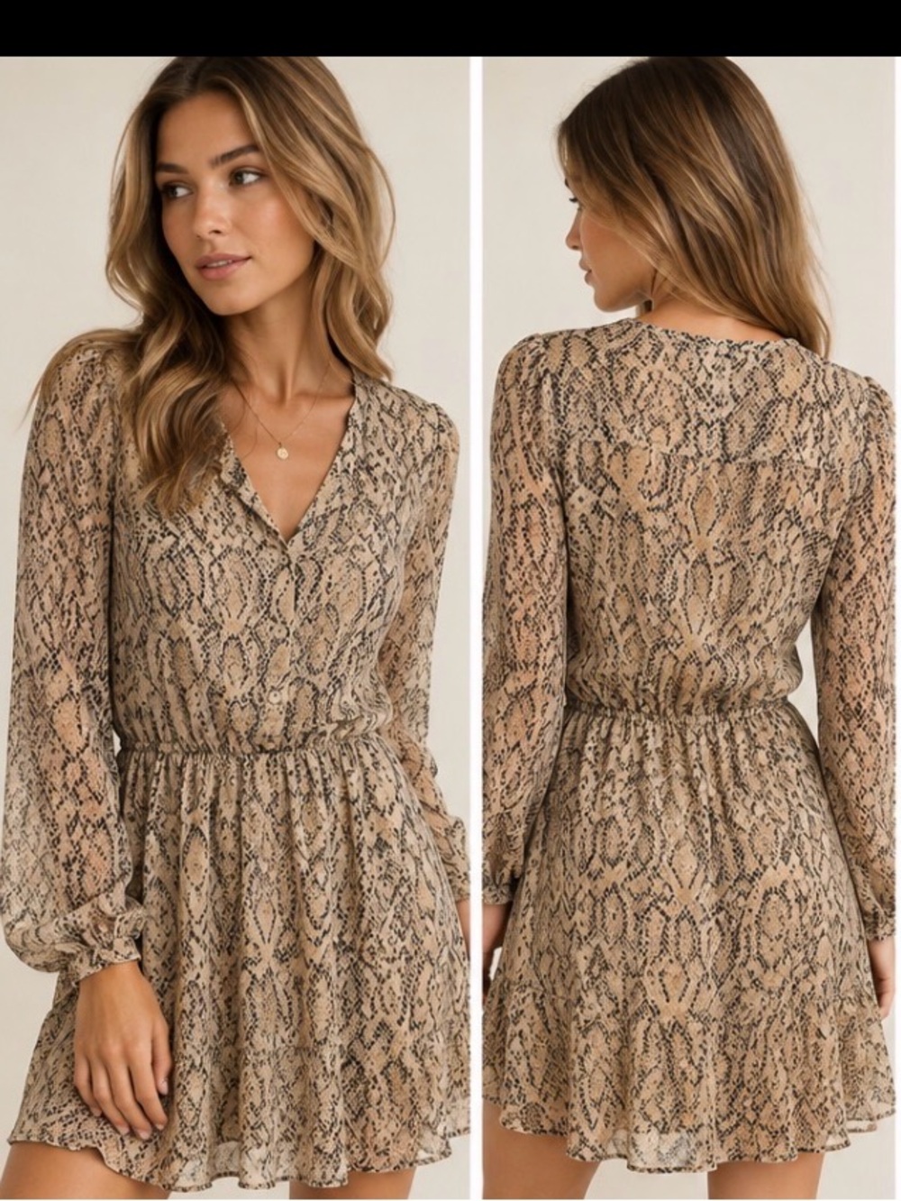 Zara Beige Brown Snake Print Long Sleeve Dress Size M